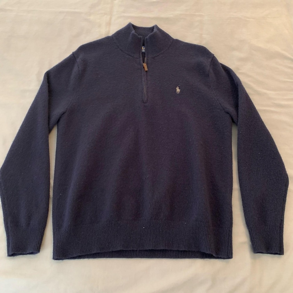 Polo Ralph Lauren Sweater Mens Large Blue 1/4 Zip Mock Neck Pullover Knit Preppy